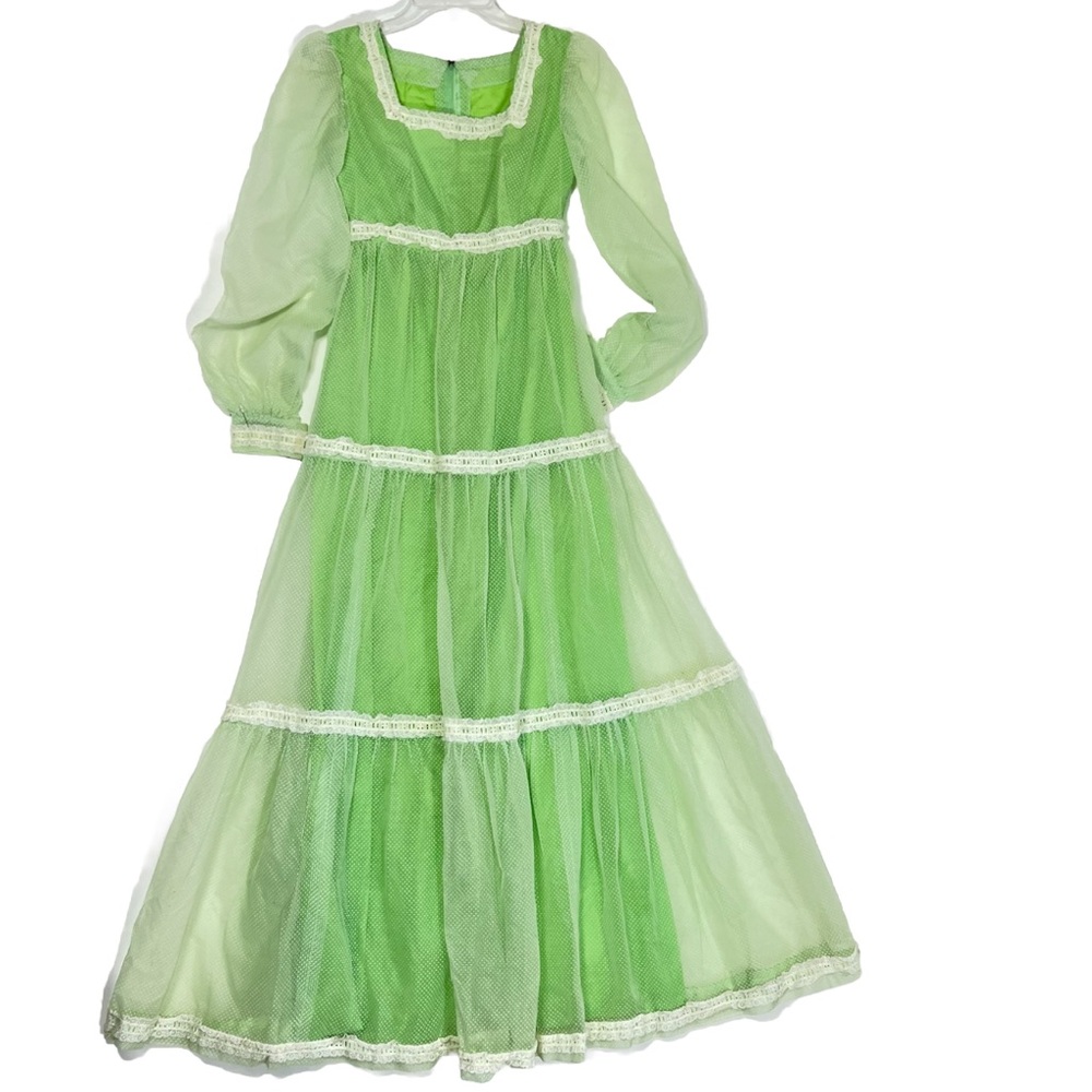 Maxi Dress Sheer Green Swiss Polka Dot Tiered Gown Long Sleeve Vintage Prom XS